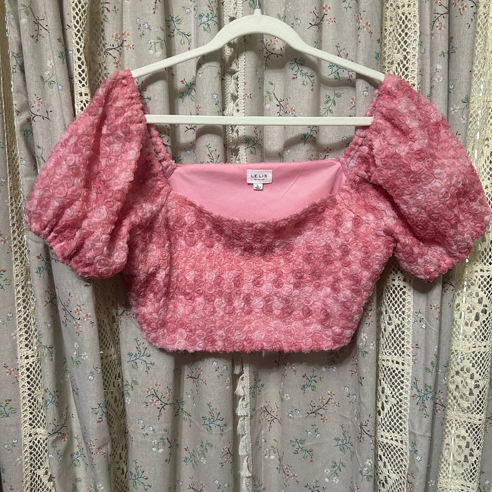 Le‎ Lis Peony Delight Smocked Pink Rosette Crop Puff Sleeves Side Zip L